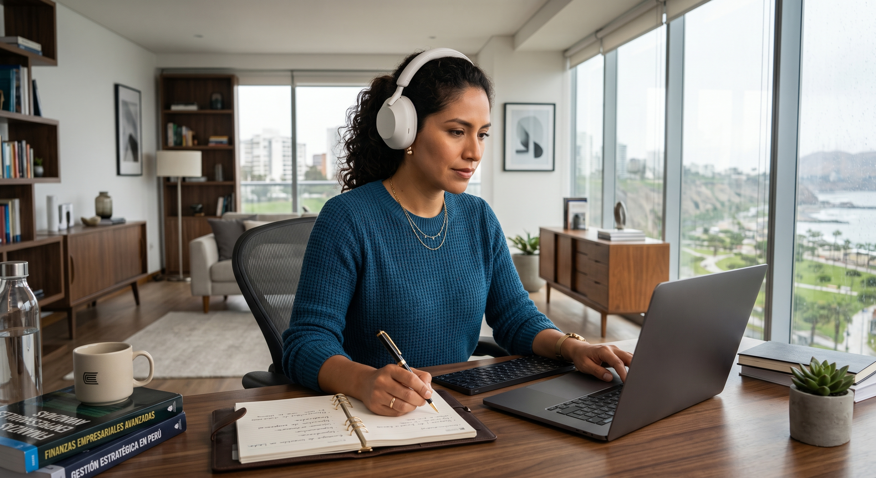 Una joven con auriculares toma notas frente a su computadora mientras estudia una de las maestrías virtuales, en un espacio de trabajo organizado.