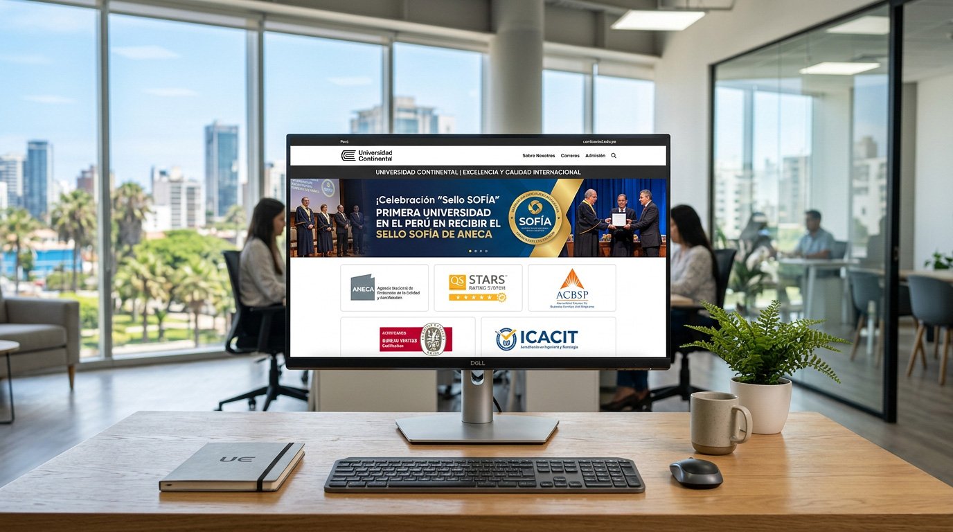 Un libro digital abierto muestra las acreditaciones institucionales y los servicios virtuales universidad continental, destacando certificaciones como ANECA, QS Rating de 5 estrellas, ACBSP, Bureau Veritas e ICACIT junto a un entorno digital interactivo.